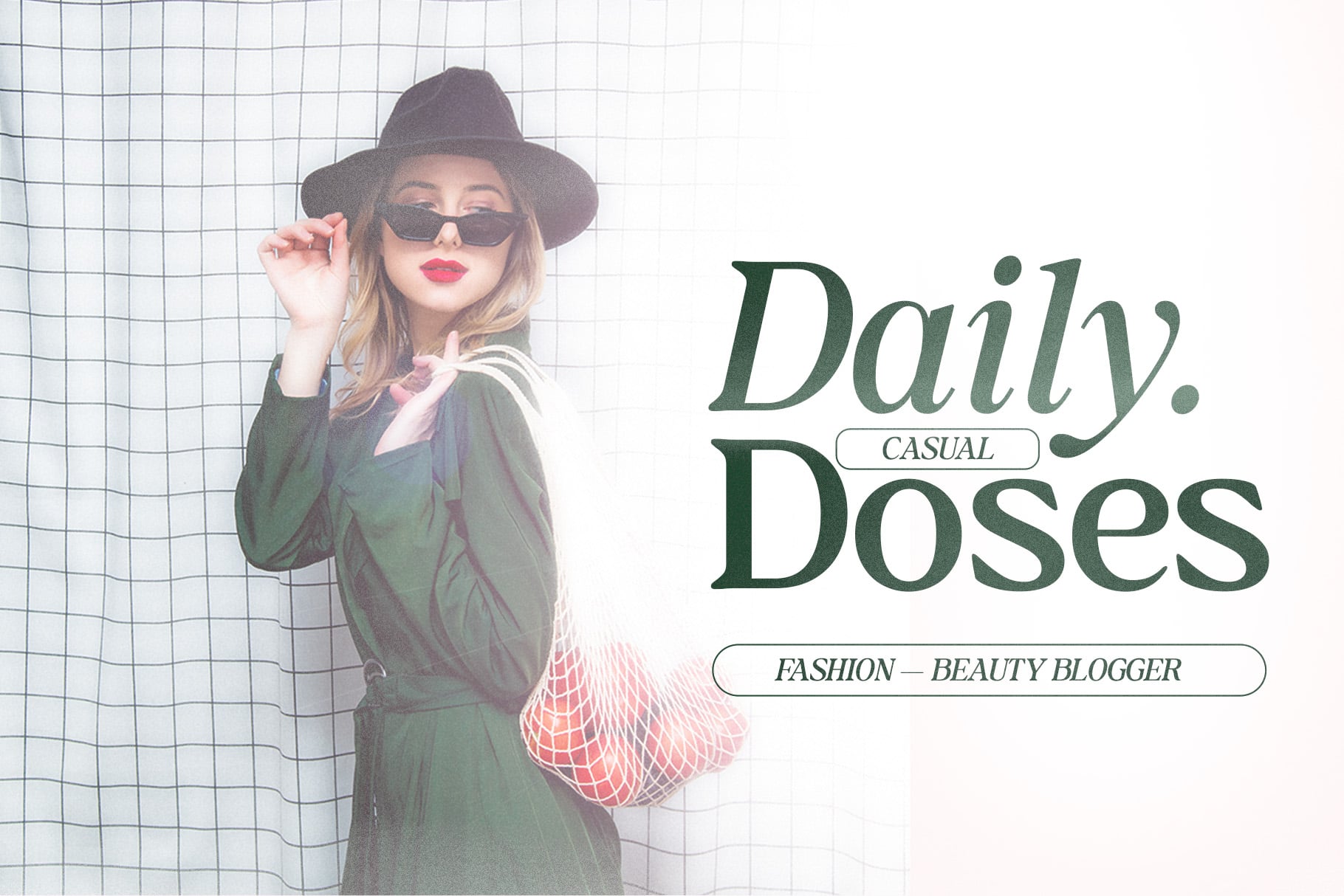 Woman in black hat, sunglasses, mesh bag against grid, Daily Doses casual fashion