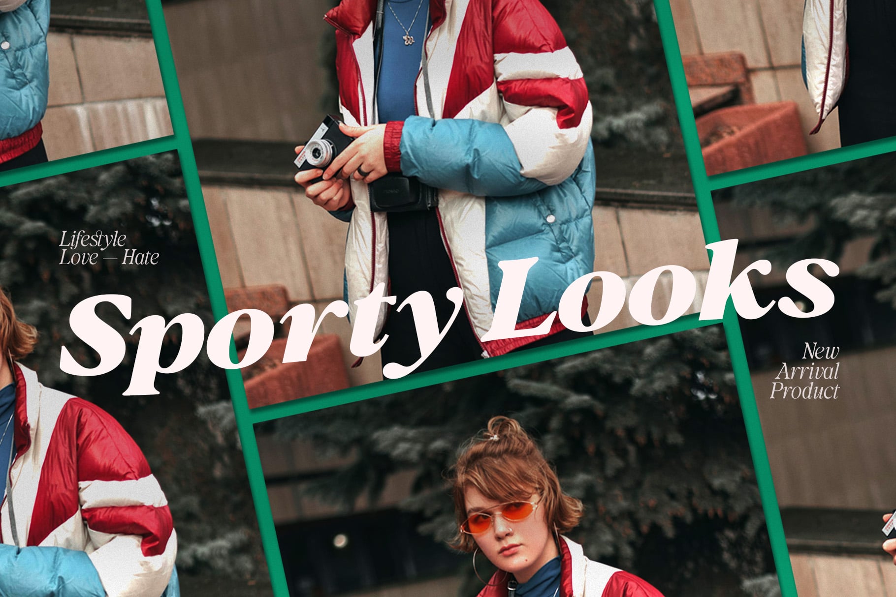 Colorblock puffer jacket layout with green grid overlay, text reads Sporty Looks
