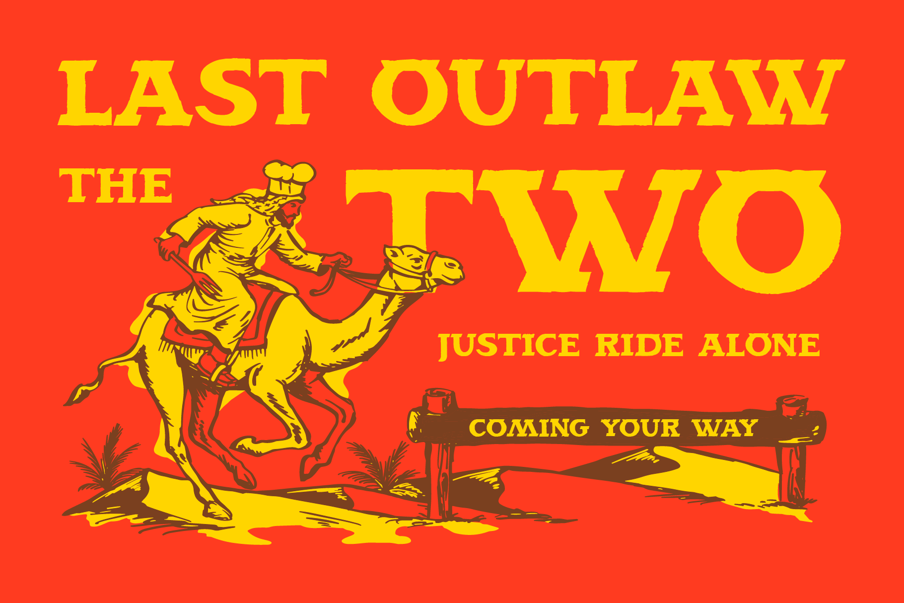 Retro western movie poster with yellow cowboy on rearing horse, red background, bold type