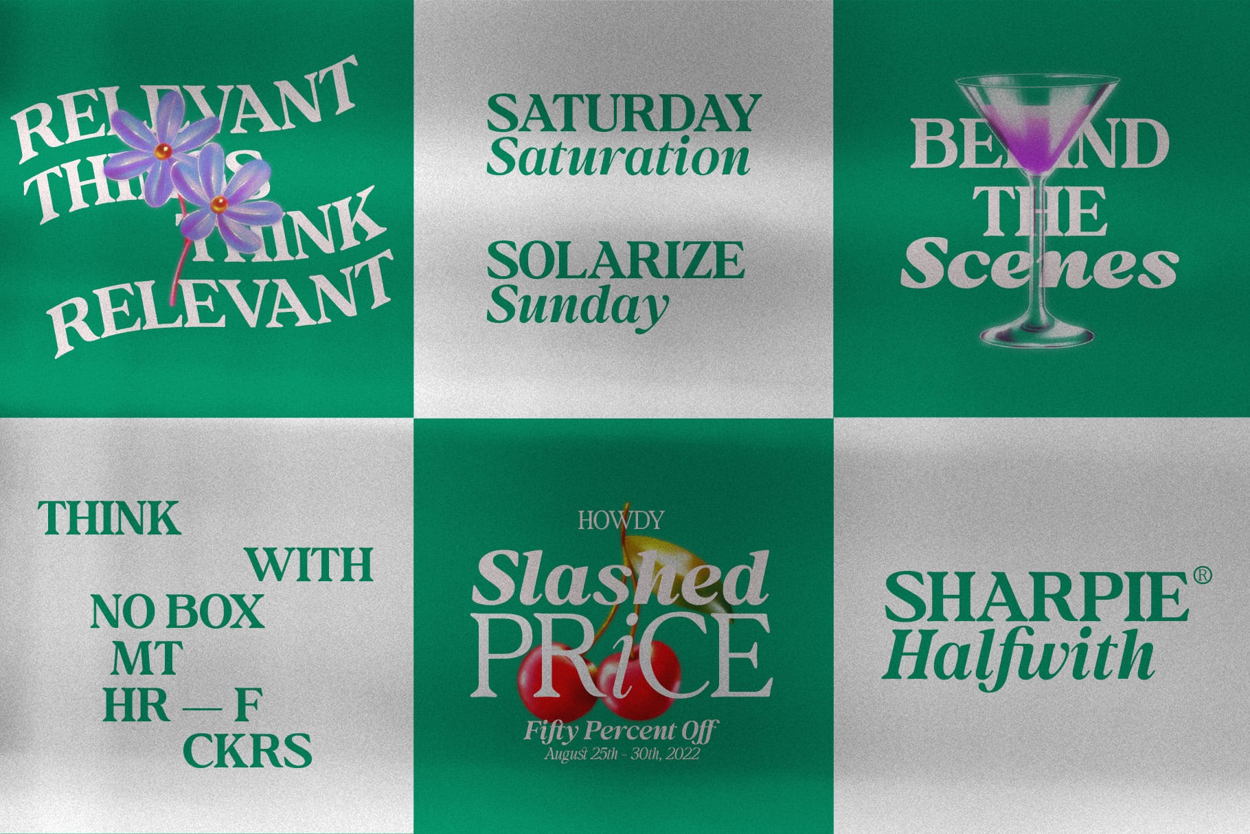 Nine-panel grid layout with mixed typography, flowers, martini glass, product names