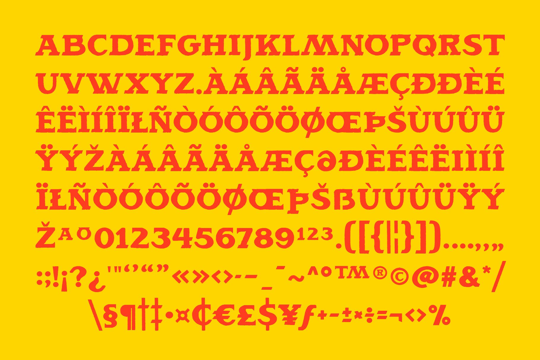 Bold red typeface with extended character set on bright yellow background