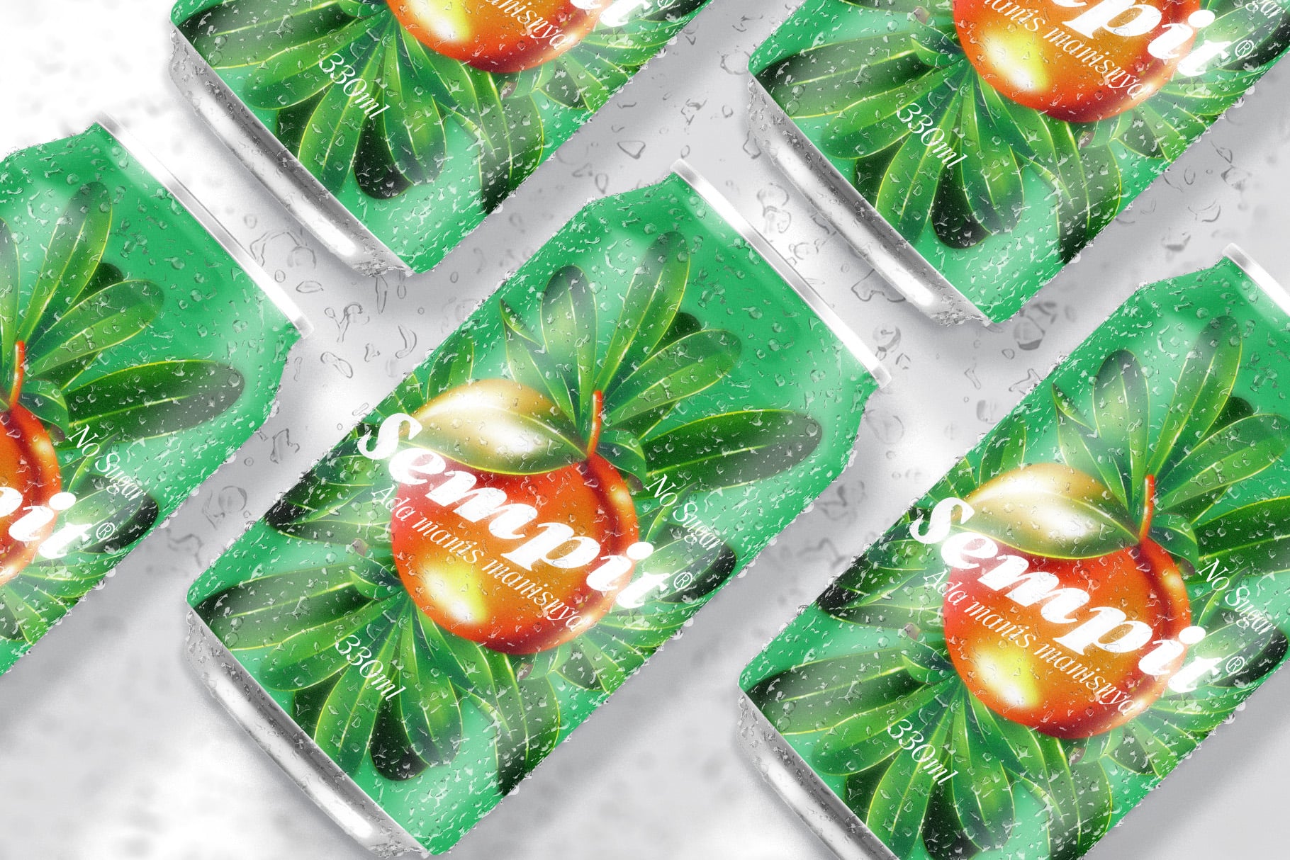 Diagonal beverage cans with condensation, green leaves, red fruit design repeated
