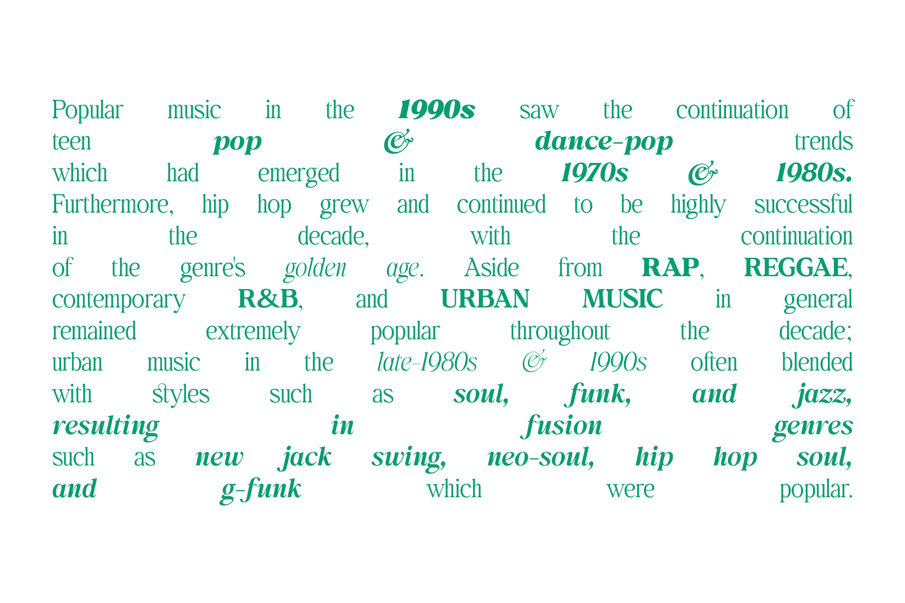 Paragraph text in teal with mixed font weights describing 1990s music trends