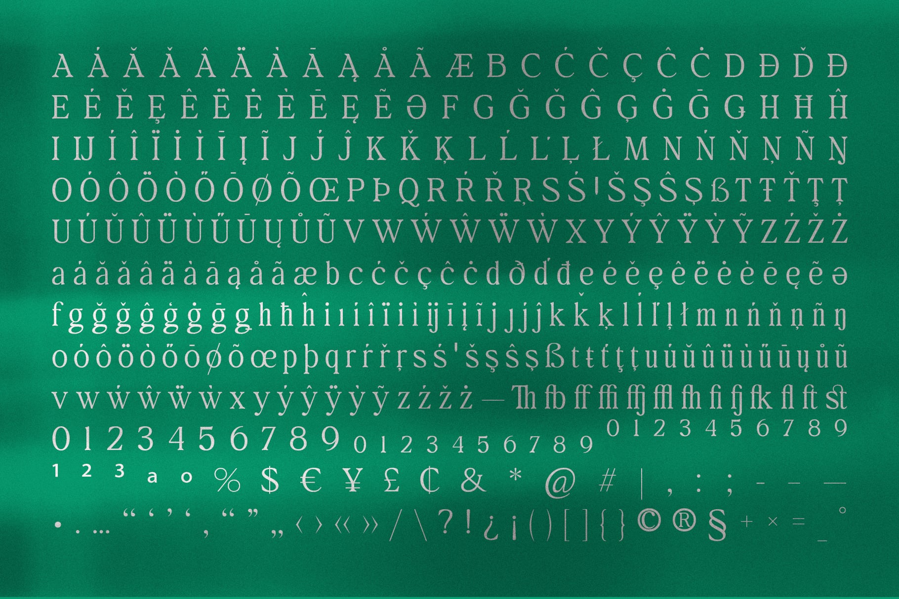 Complete character set on green background showing accented letters, numbers, symbols