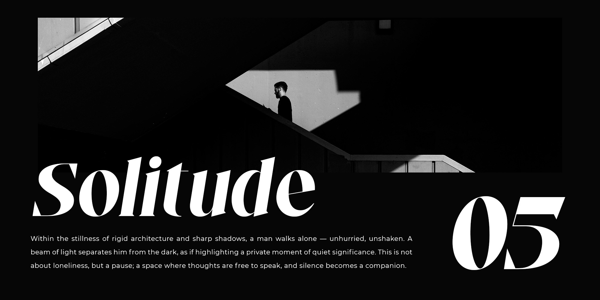 Solitude 05 architectural spread with lone figure in stark shadows, contemplative mood