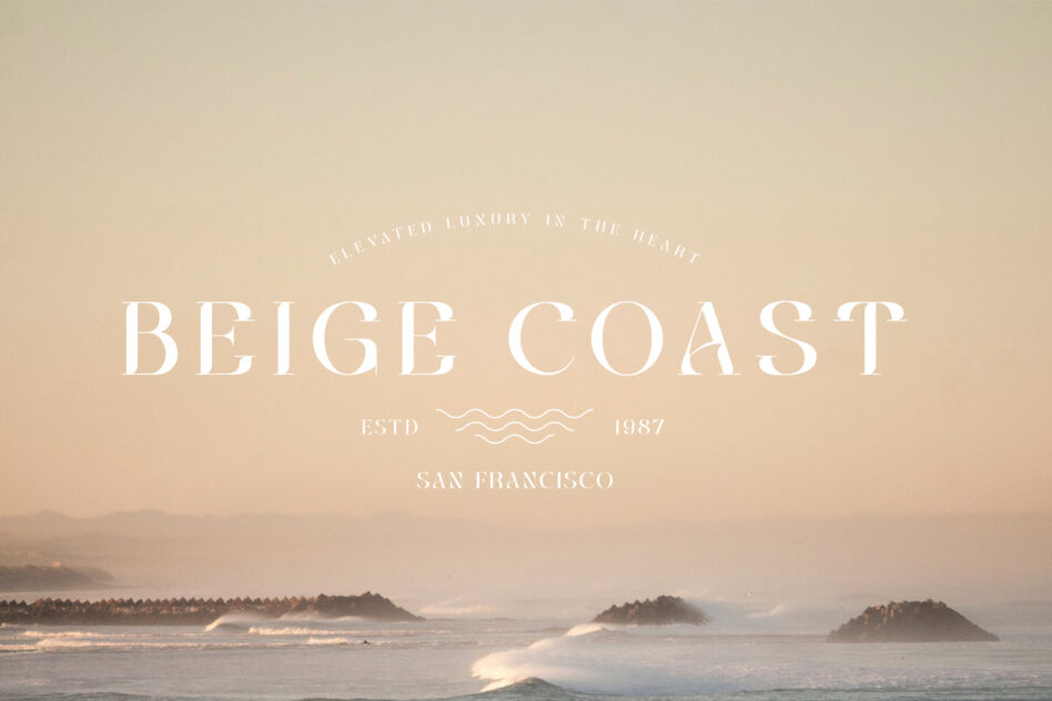 Beige Coast luxury branding displayed over misty ocean waves, San Francisco