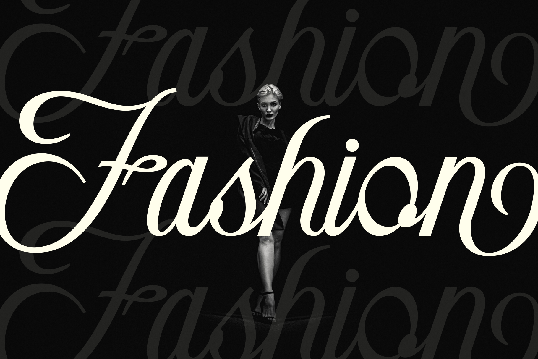 Black background with overlapping fashion typography featuring model in minimal outfit
