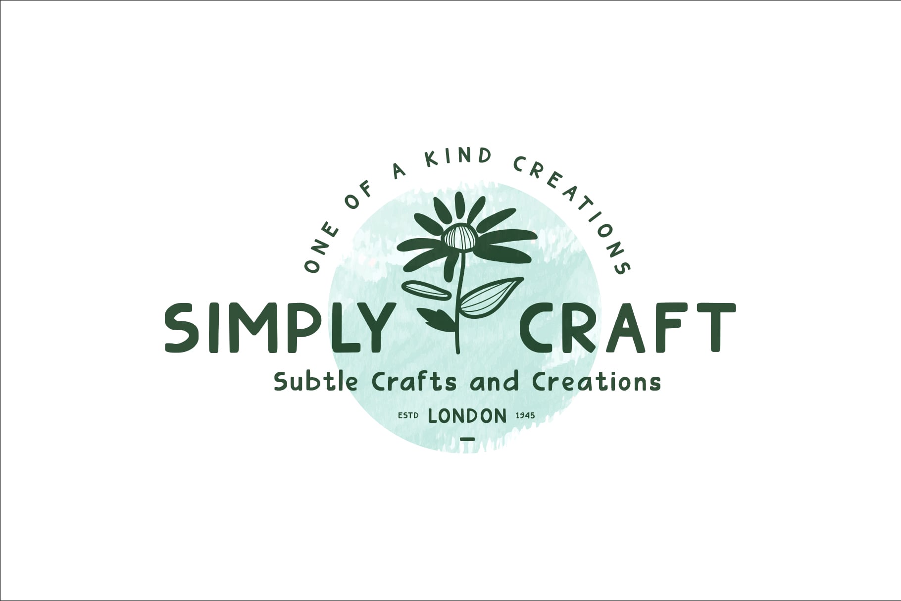 Simply Craft logo with daisy flower on mint watercolor circle, London 1945