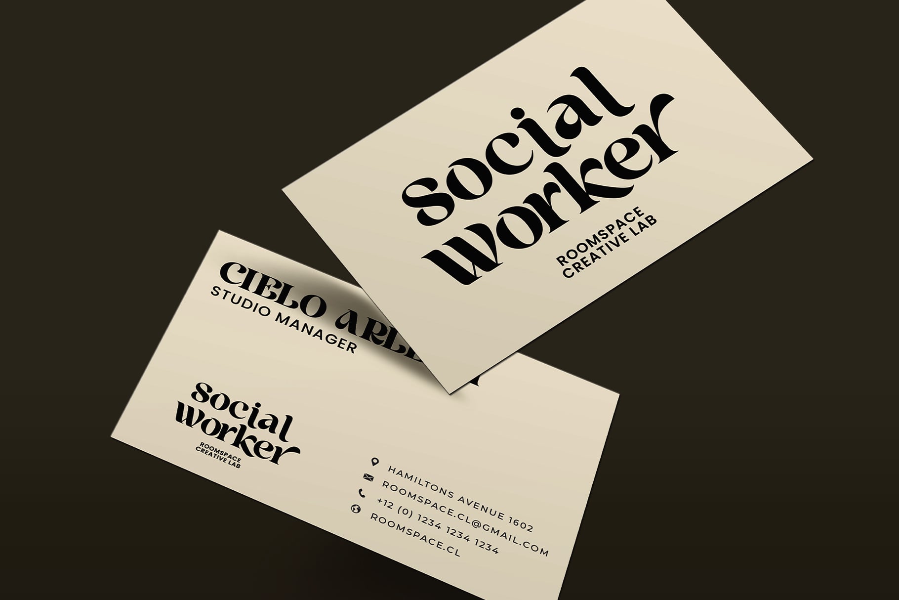 Three cream business cards showcasing Social Worker, Studio Manager, Ciblo Arby roles