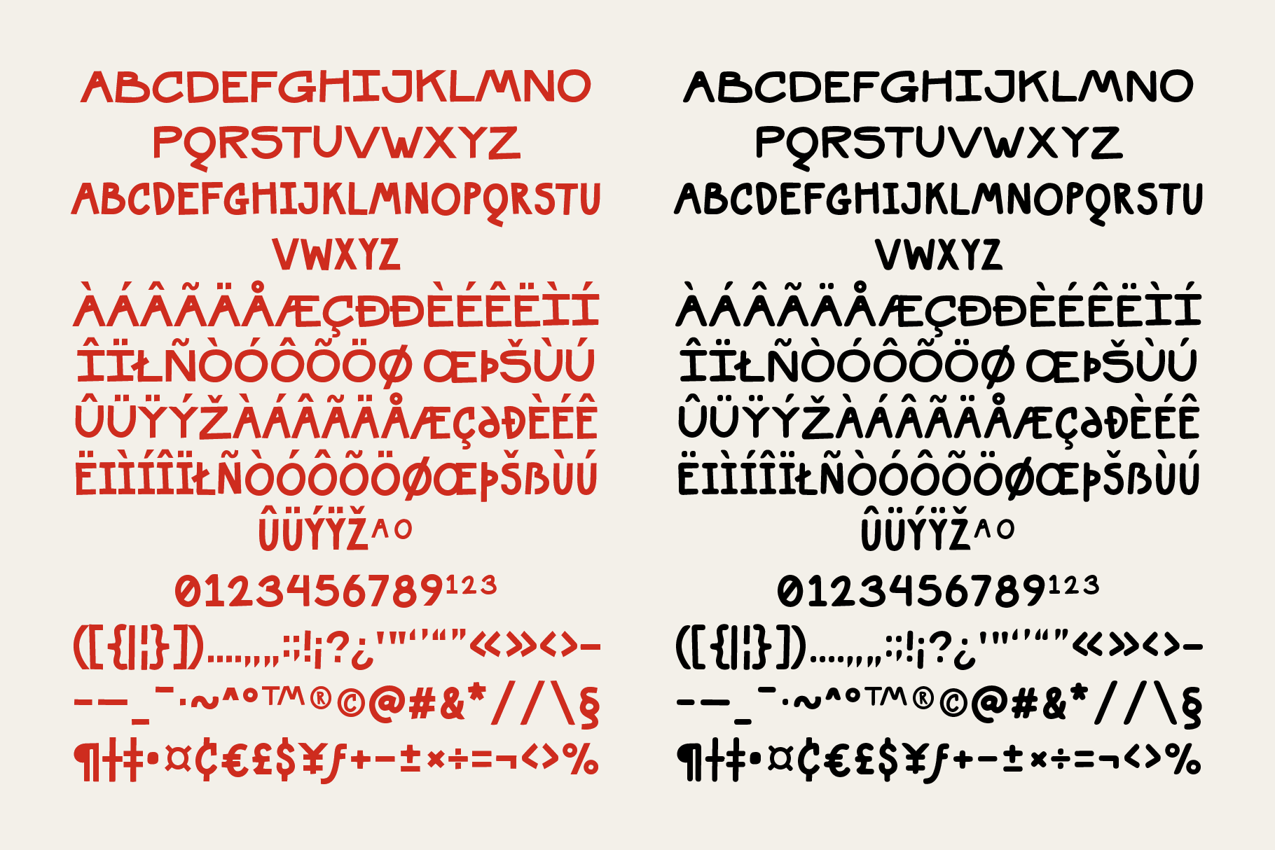 Font specimen showing red plus black uppercase letters, numbers, symbols with accents