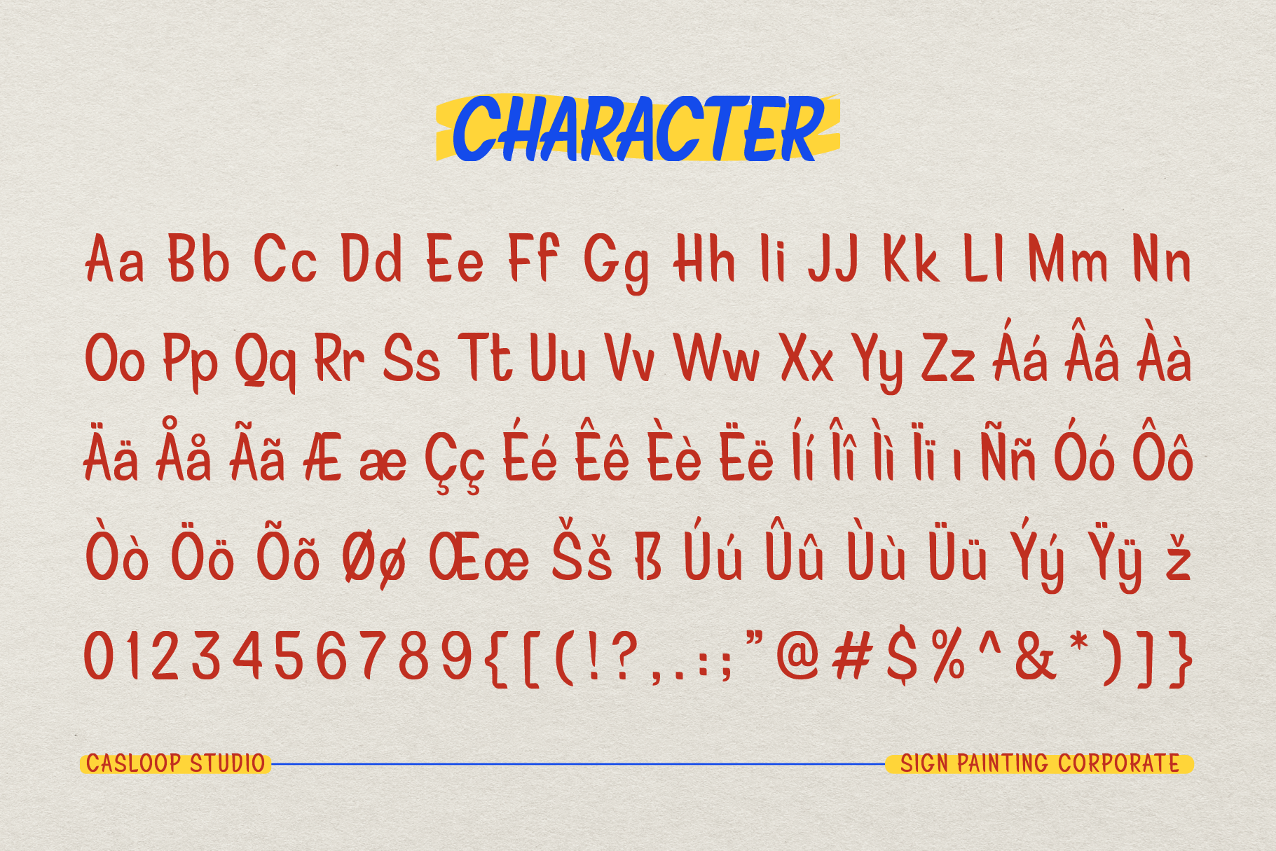 Full alphabet character set display in red showing uppercase lowercase numbers accented letters symbols