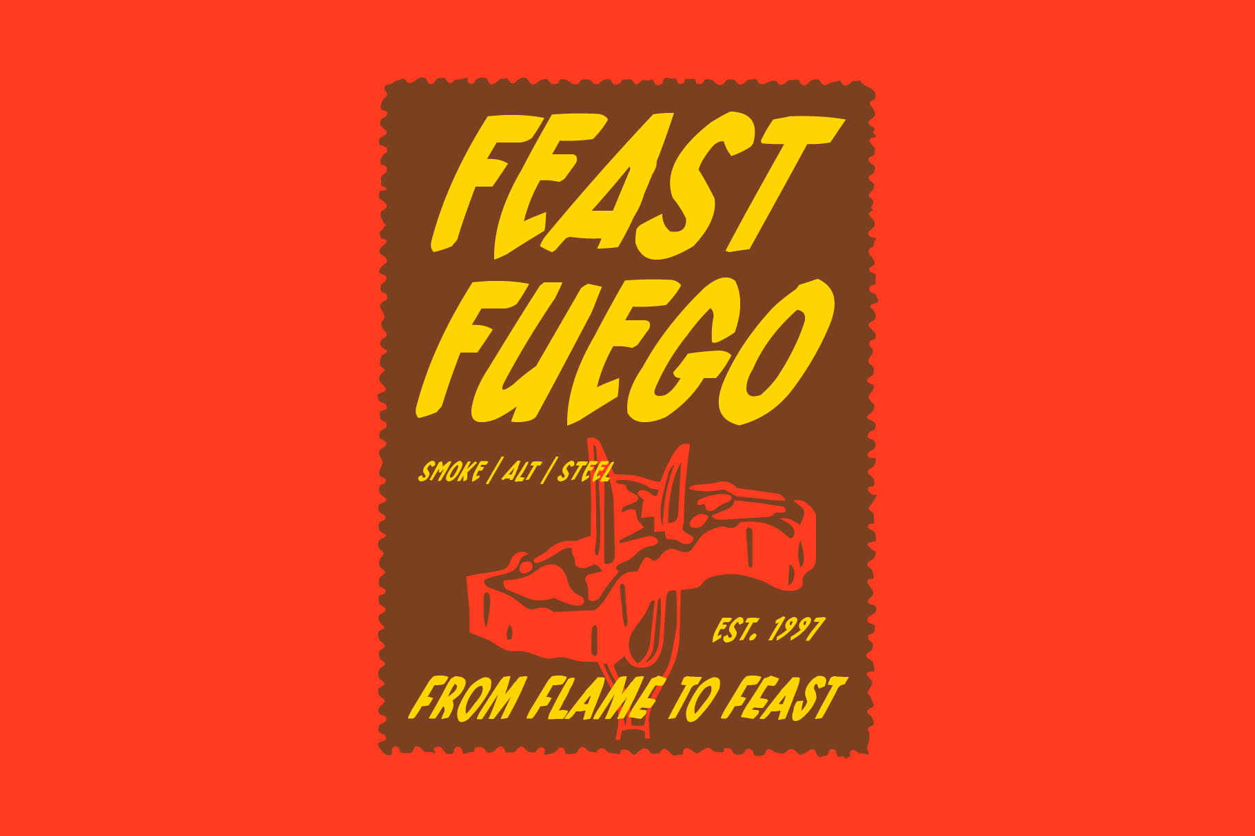 Retro BBQ label design with bold yellow text, red flames, brown background, rough stamp edges