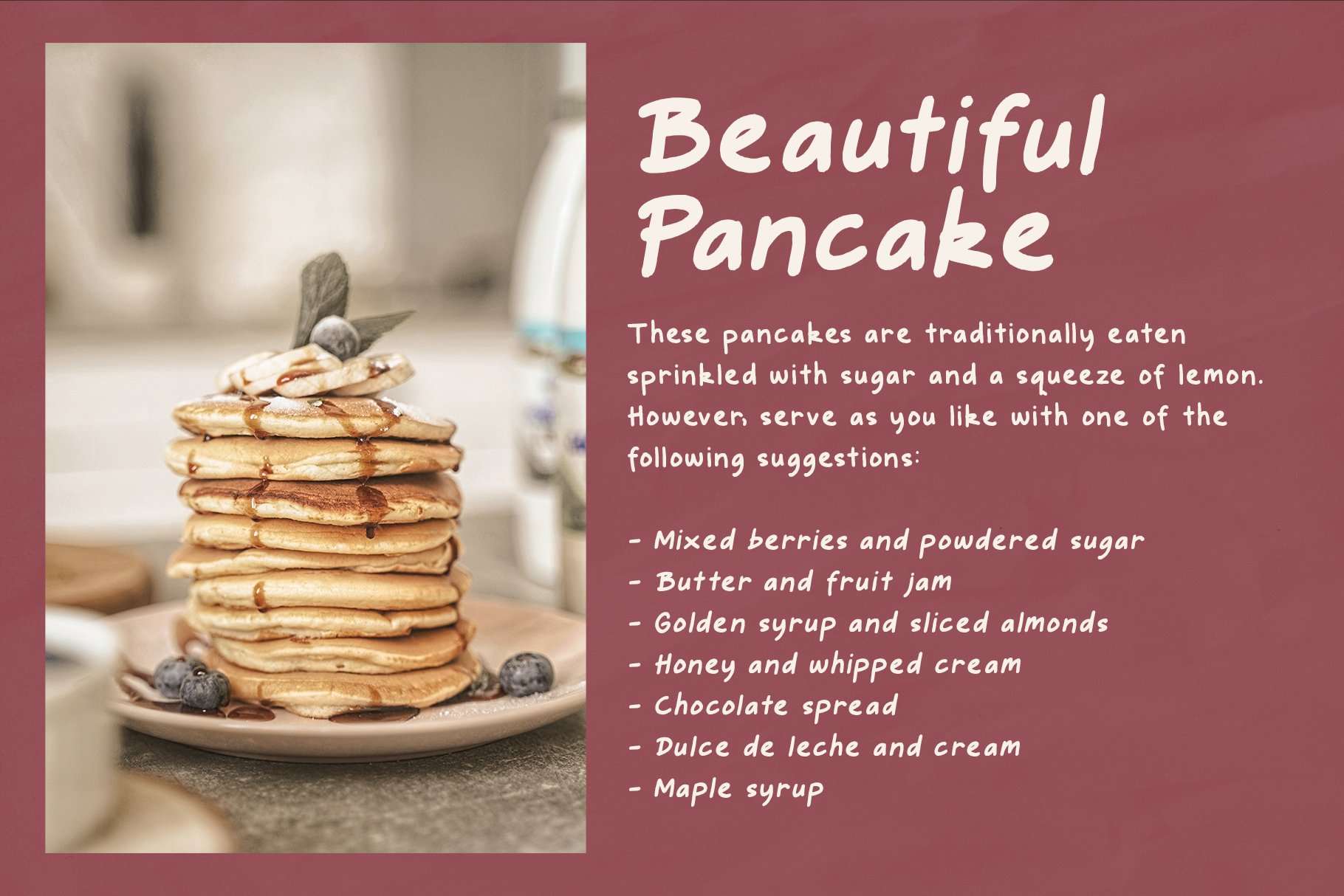 Stack of golden pancakes on plate with blueberries, recipe suggestions on burgundy background