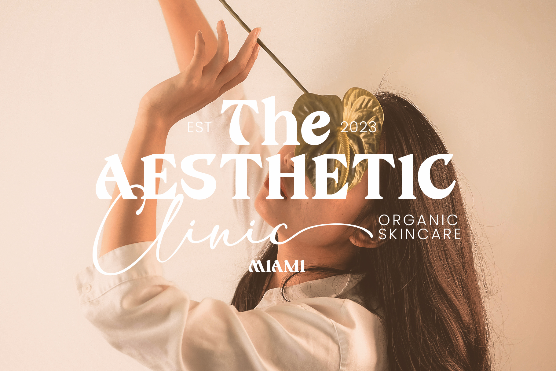 Skincare clinic branding with woman's face, botanical elements, serif typography overlay