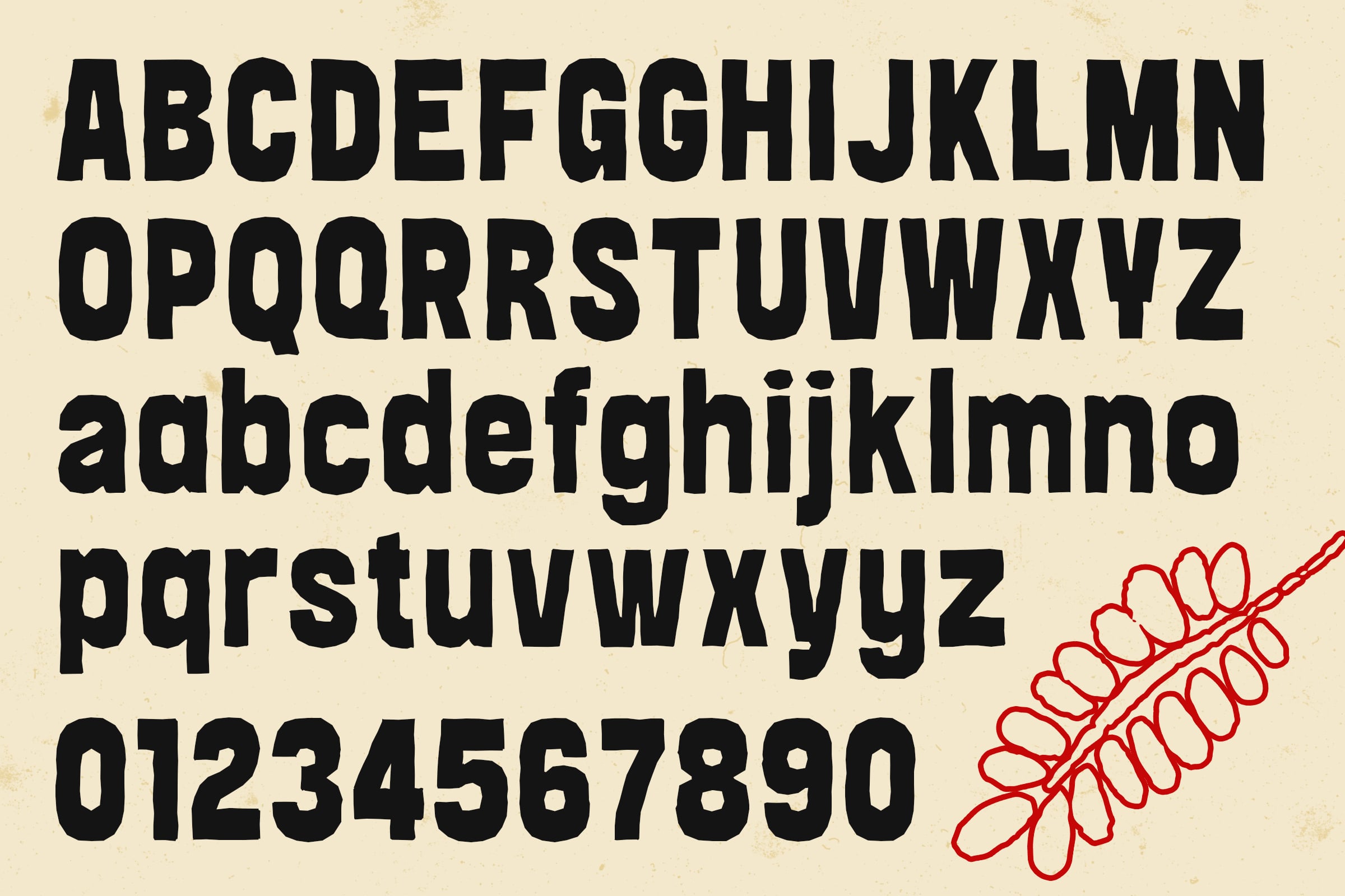 Bold sans serif typeface showing full alphabet, numerals with red leaf accent
