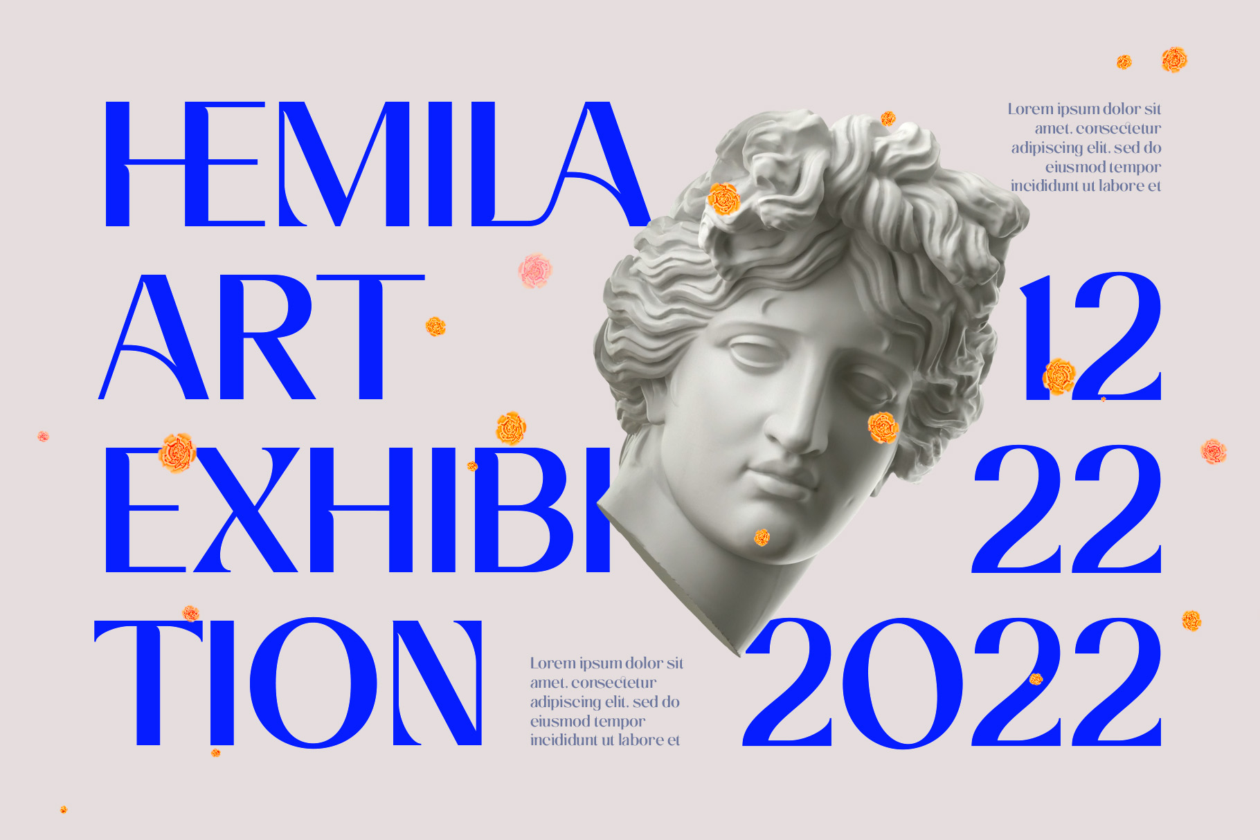 Bold blue typography with classical bust sculpture, scattered orange accents, event poster design mockup