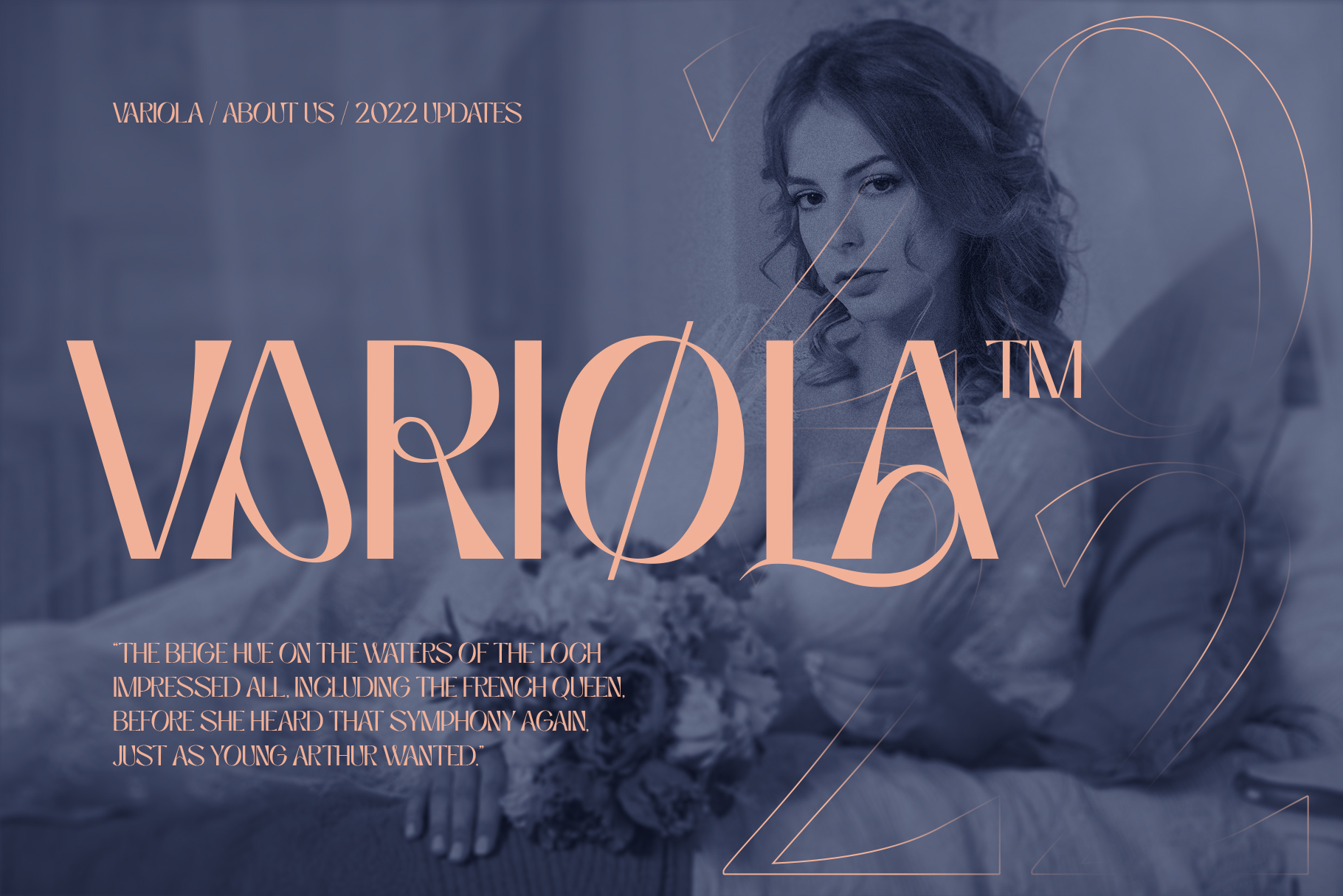 Variola serif font displayed over moody blue portrait with copper line art decorative elements