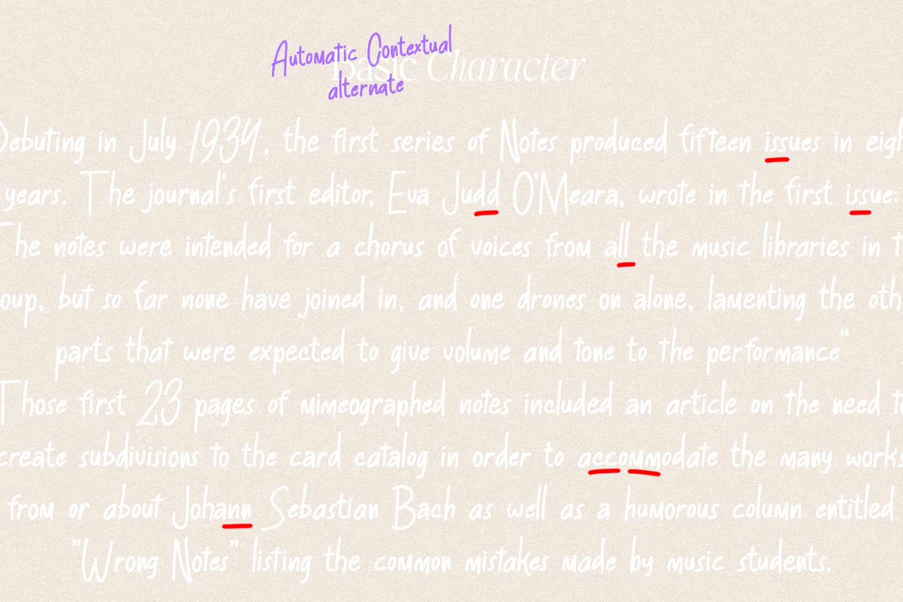 Handwritten script font layered over vintage text with purple "Automatic Contextual alternate Character" label
