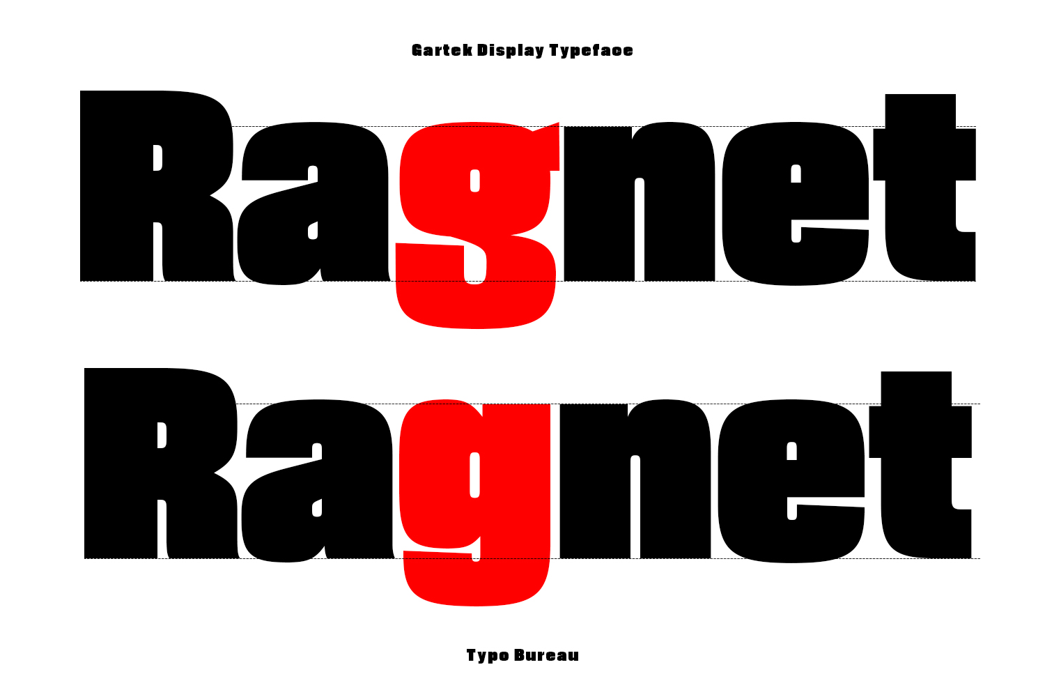 Gartek Display Typeface showing two weight variations with red accent letters on black, by Typo Bureau