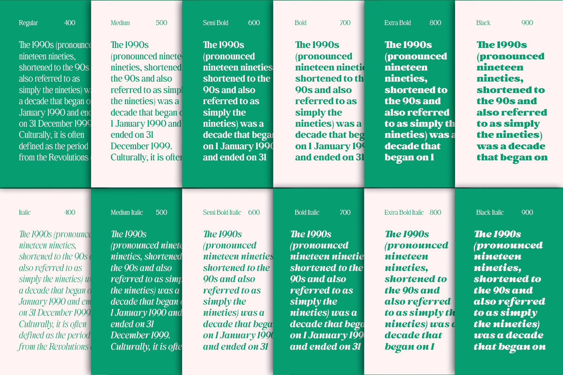 Font weight specimen sheet showing 1990s text in multiple weights from Regular to Black