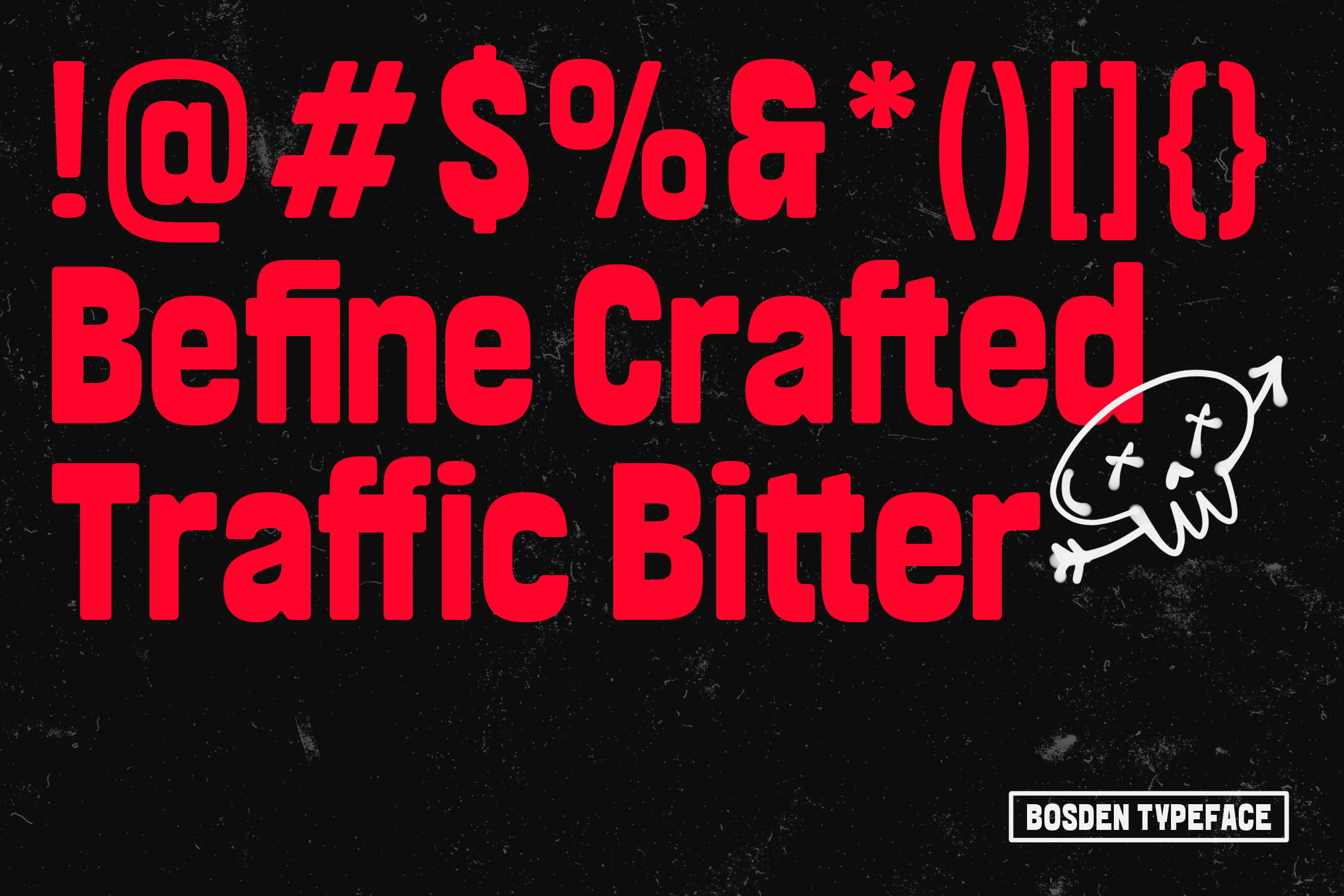 Red typeface display with special characters, symbol characters, winged rocket icon