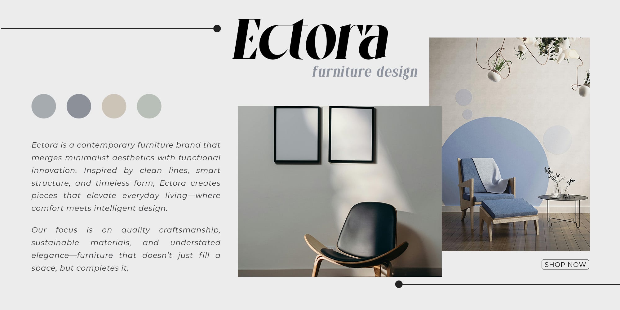 Ectora furniture brand layout showcasing minimalist chair, blue lounge with palette circles