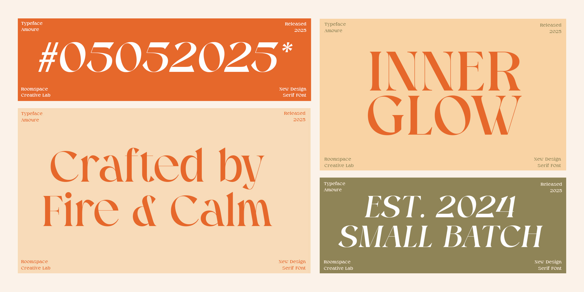 Four font specimen cards showing Amoure typeface in orange, cream, olive backgrounds