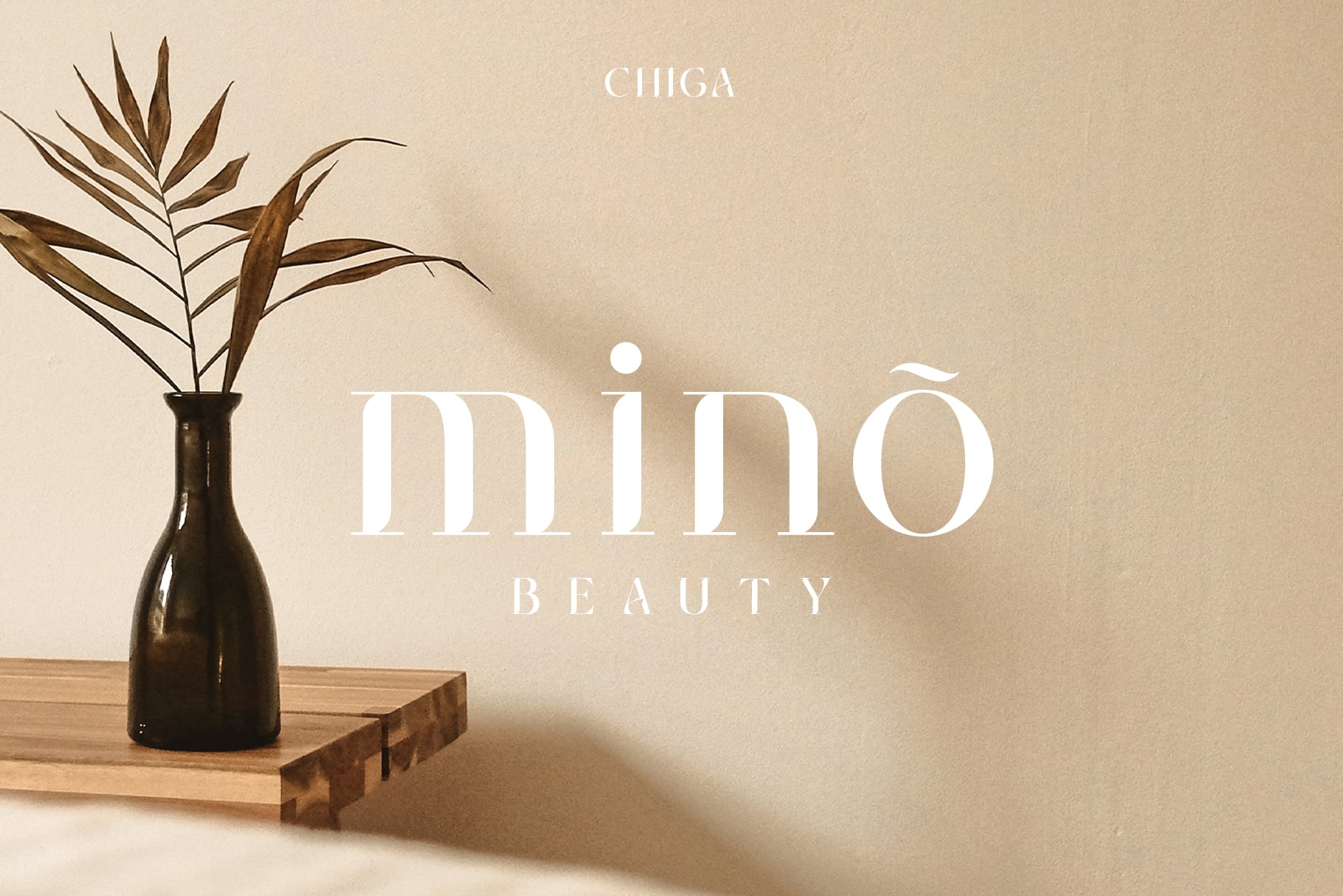 Mimo Beauty branding with Chiga serif font, dried palm fronds in black vase