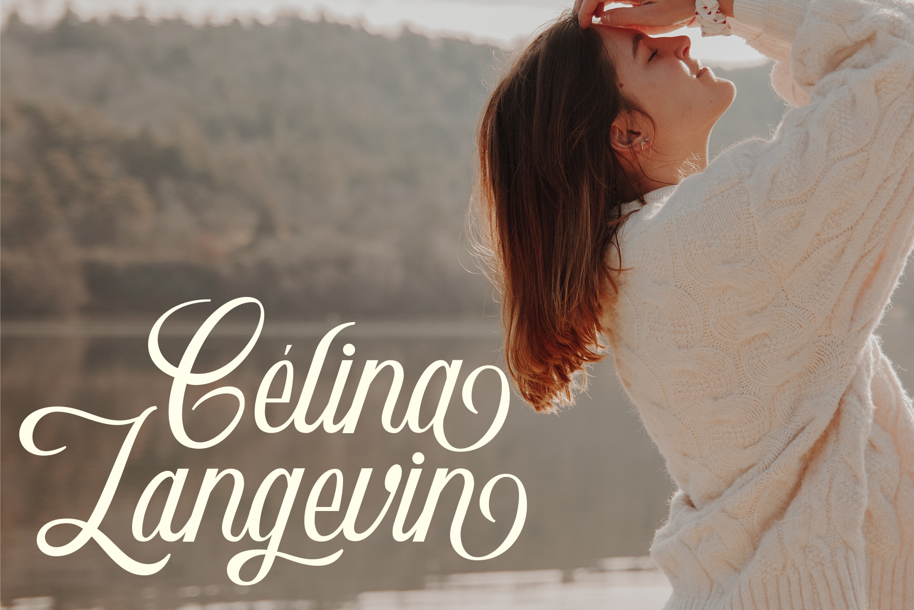 Woman in cream sweater gazing upward with elegant serif script overlay text