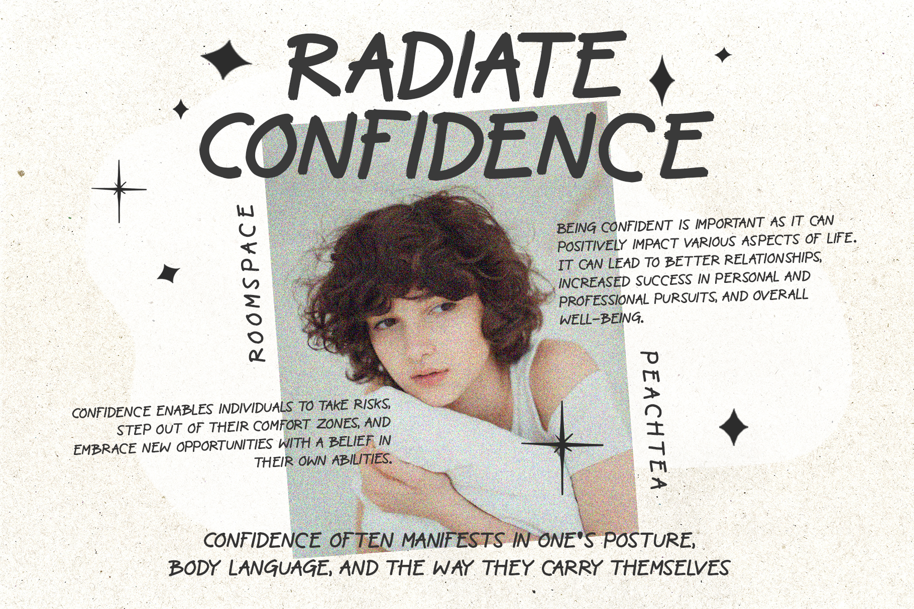 Retro collage with portrait, text about confidence, sparkles, glitch effect overlay