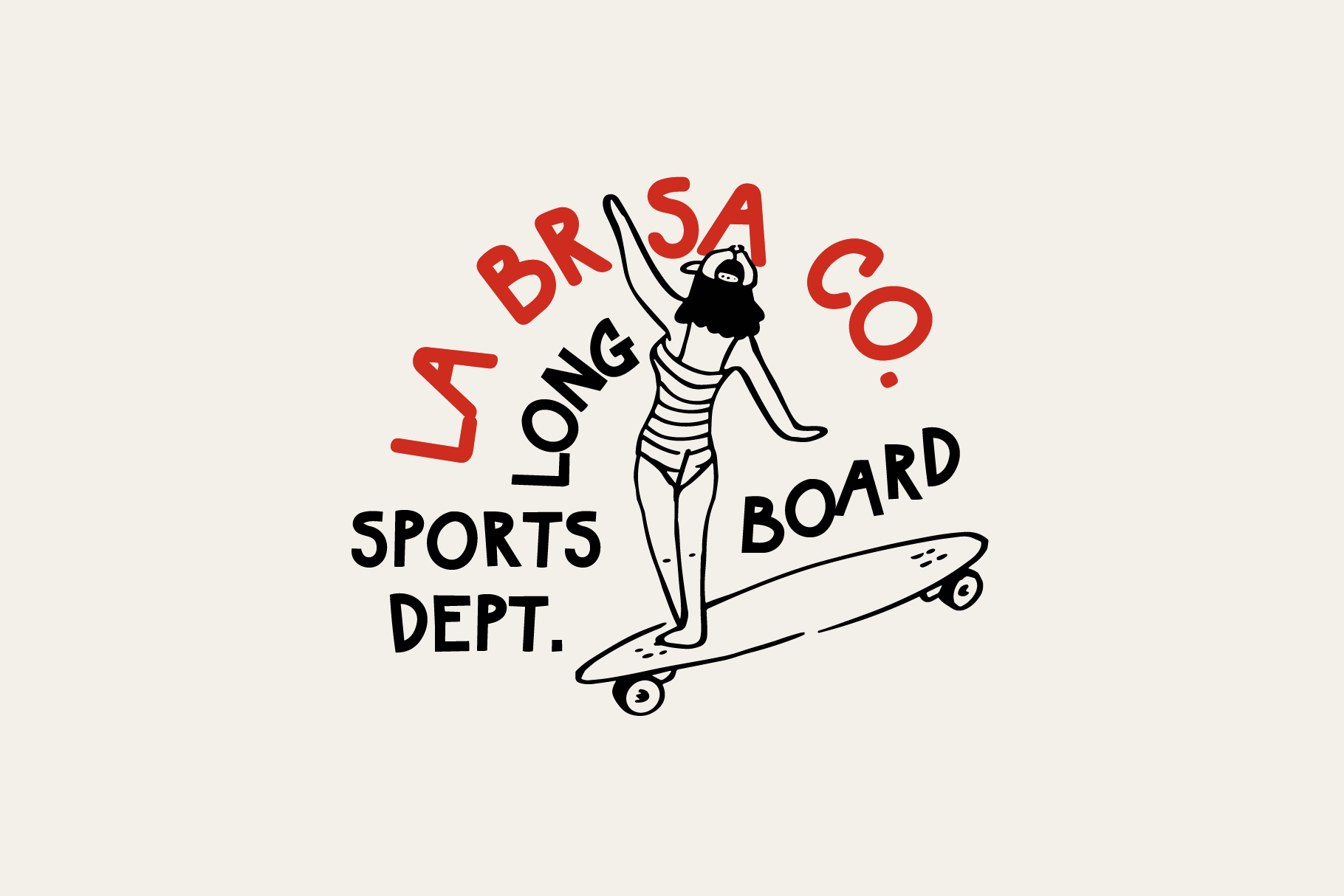 Retro longboard surfer with surfboard wearing striped suit for Sa Brasa Co Sports Dept
