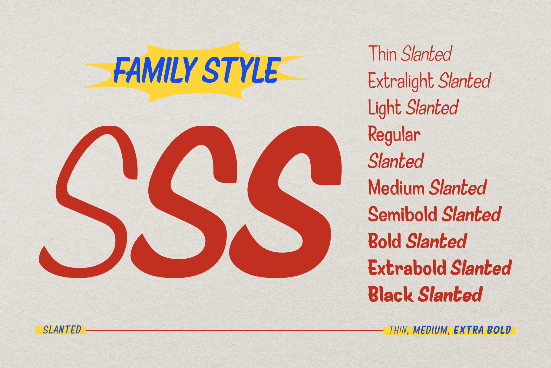 Large red S letters showing multiple weight variations thin regular bold in italic slanted styles