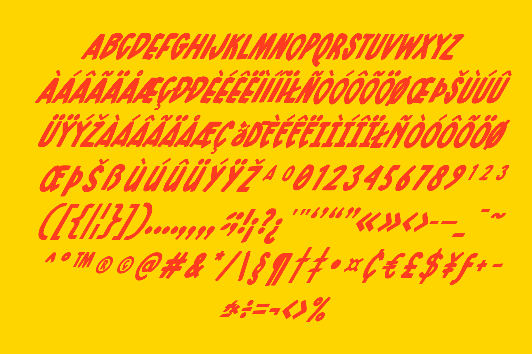 Bold red italic typeface with accents on bright yellow background