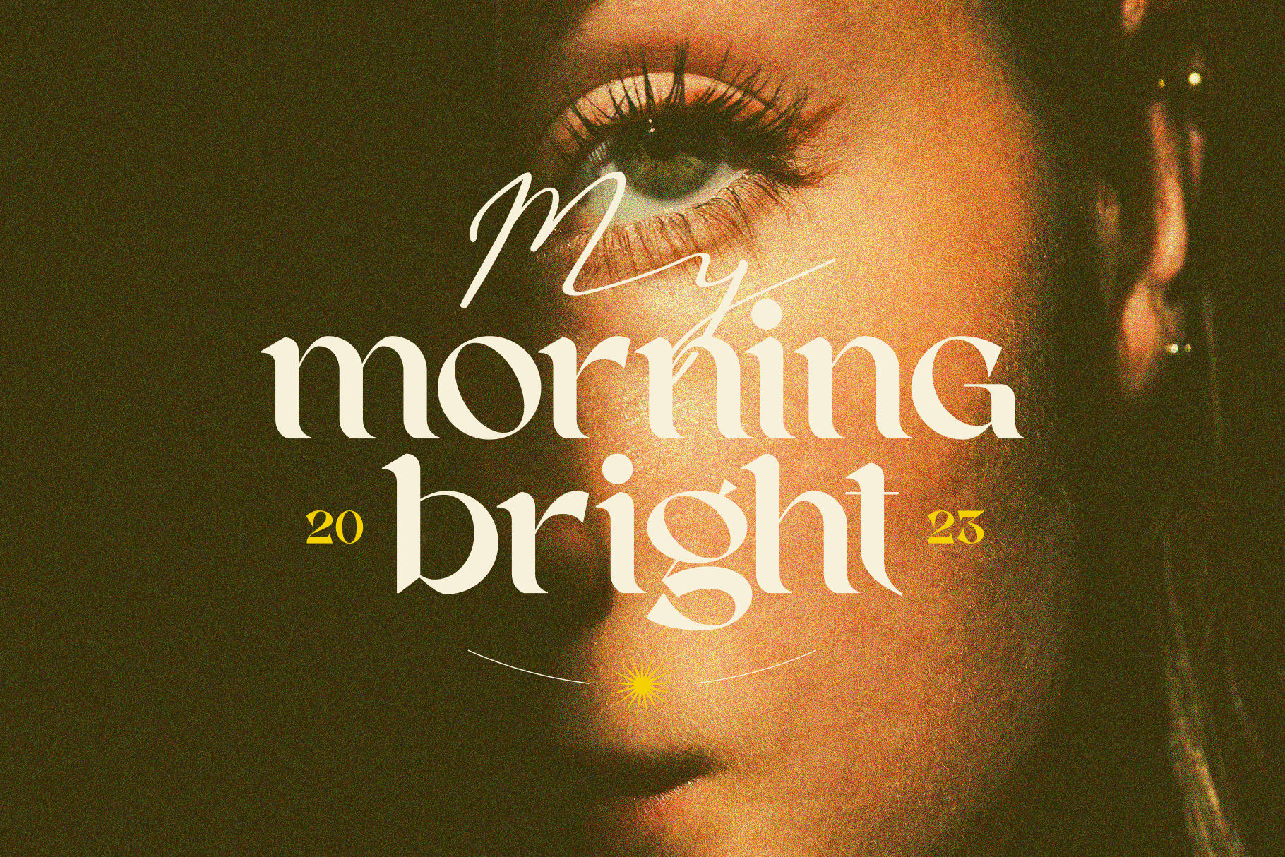 Modern typography overlaid on a close-up portrait. Elegant serif font showcasing My morning bright 2023. Ideal for designers seeking unique graphics.