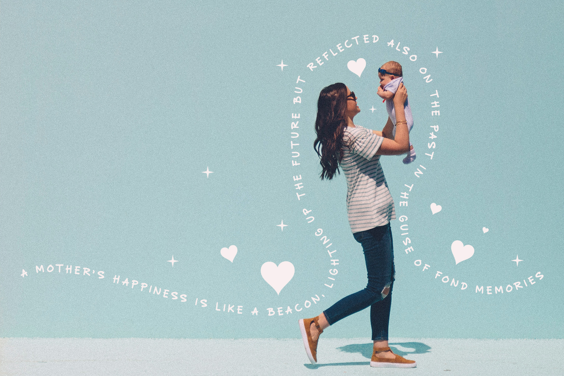Mom holding baby against turquoise sky with circular text about motherhood happiness