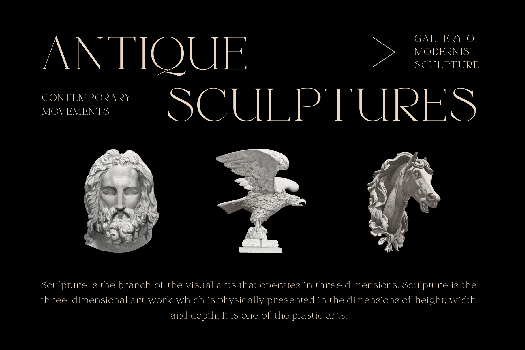 Antique Sculptures gallery layout showing stone busts, winged figure, horse head on black background