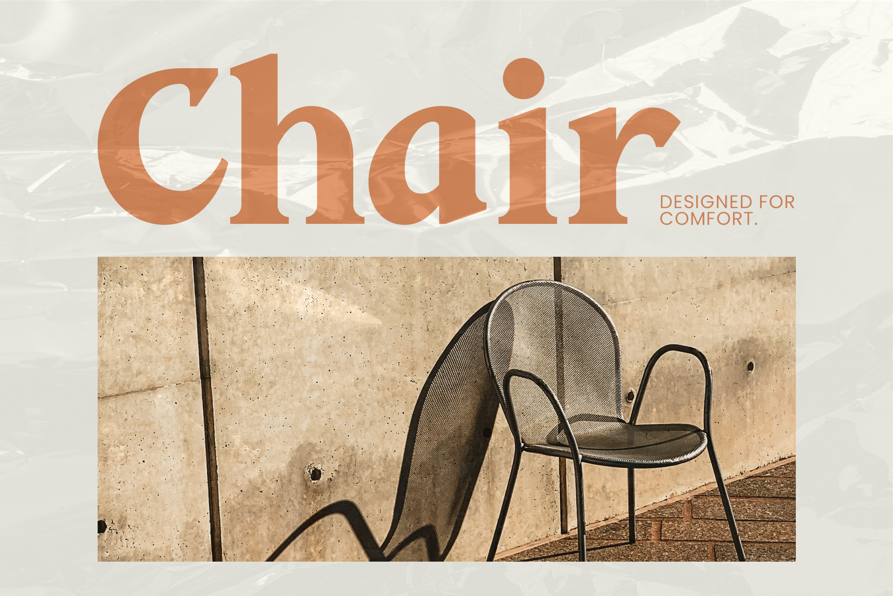 Chair product shot with Chair text overlay on concrete background tagline for comfort