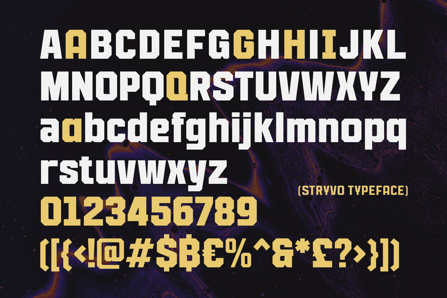 Stryvo typeface showing full character set with gold accent letters on dark background