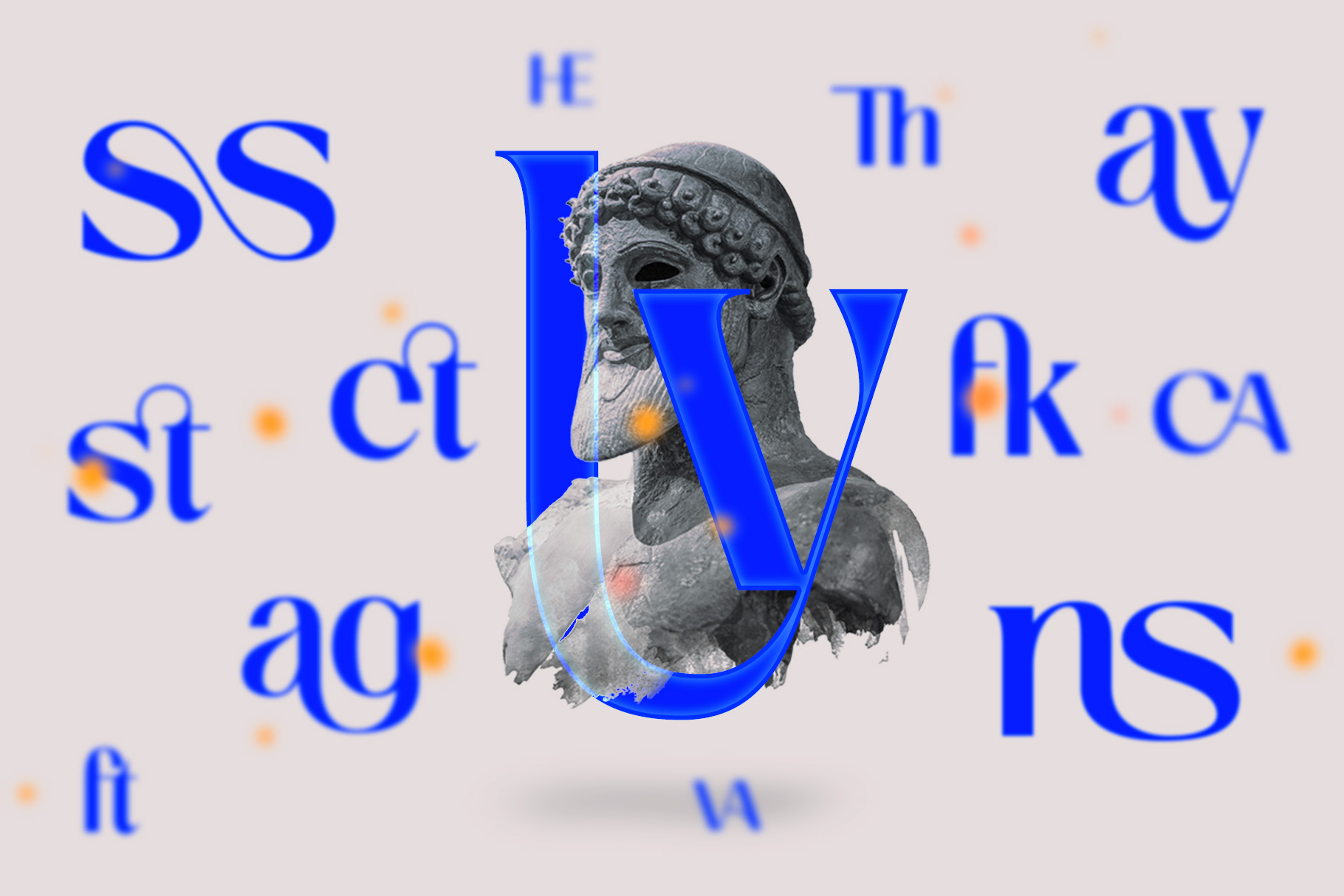 Gray stone bust surrounded by scattered blue letters with orange accents on light background