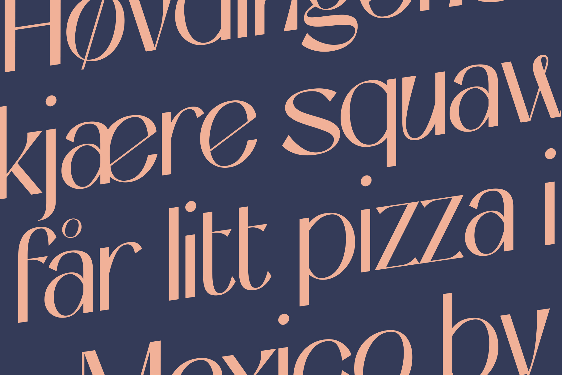 Elegant serif font with peach letters on dark navy background showing sample words like housing, square, pizza