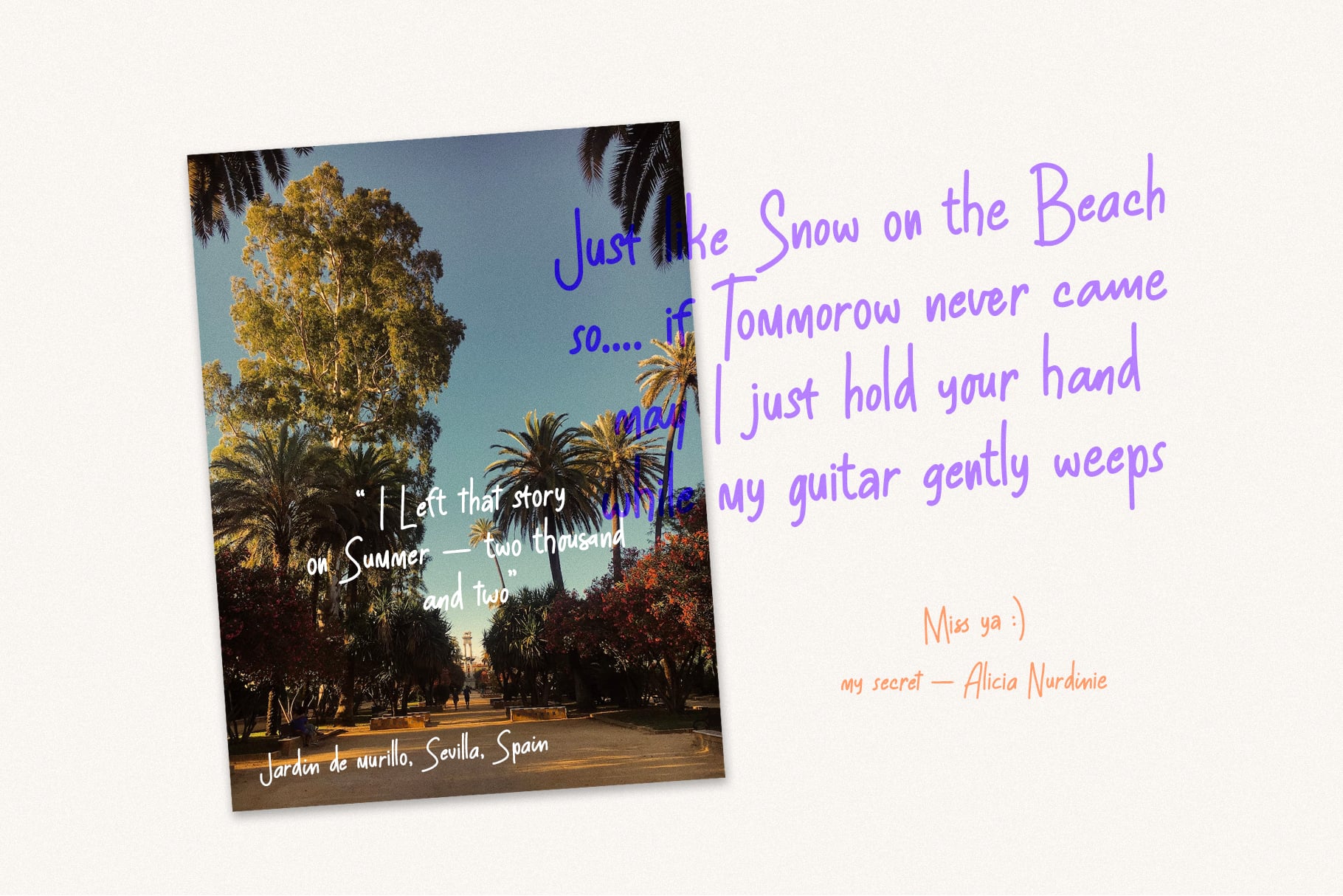 Polaroid mockup with palm trees, song lyrics overlay in purple handwriting, vintage summer vibes