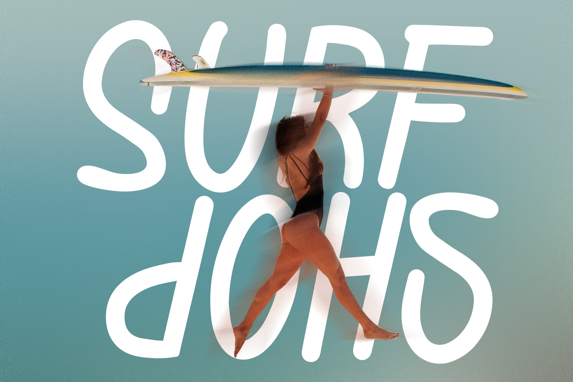 Surfer holding longboard above head with bold white typography overlaid on teal background