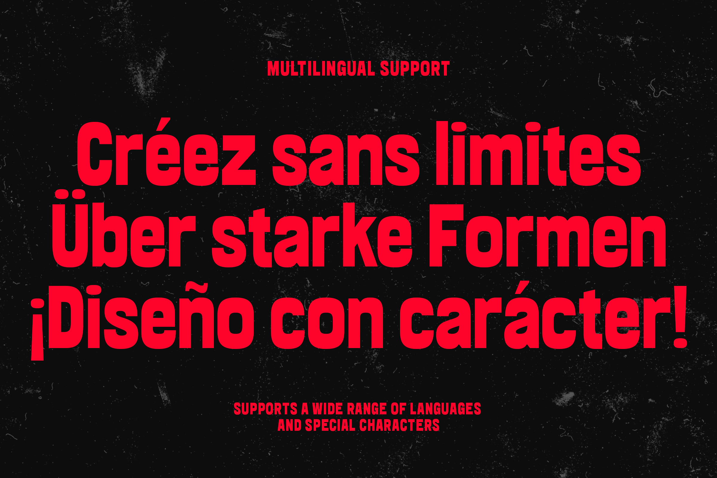 Creez sans limites multilingual text in red, supports multiple languages characters