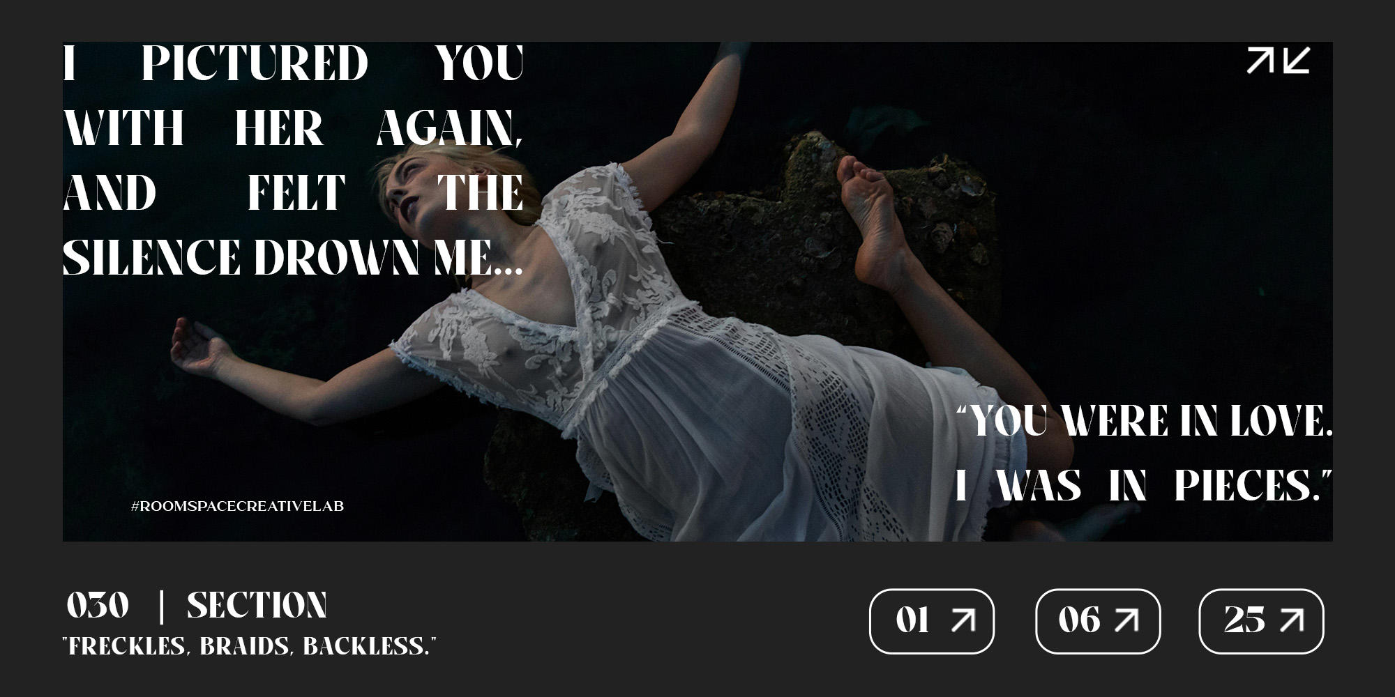 Moody editorial spread featuring woman in white lace lying on dark earth with dramatic quote