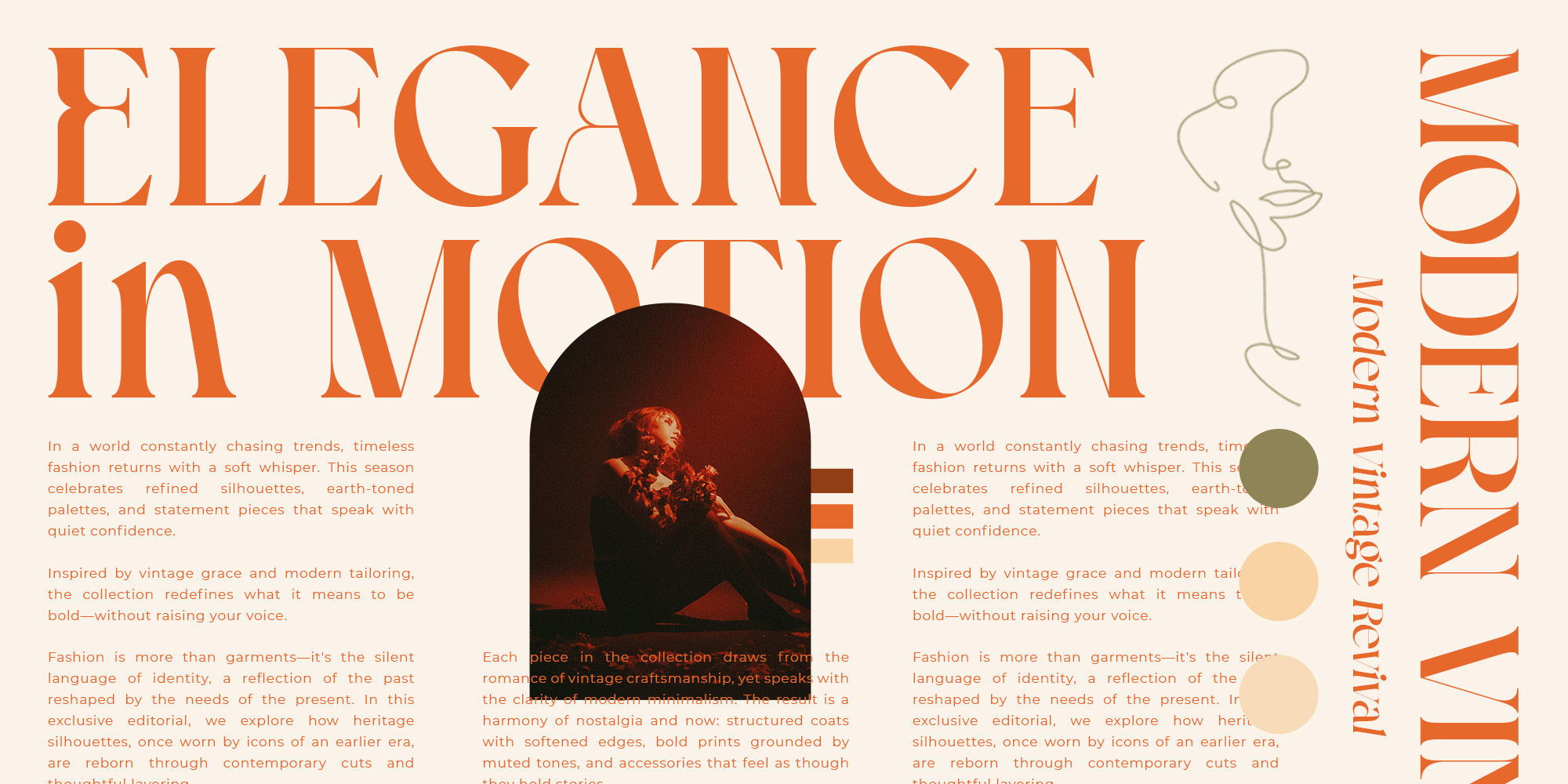 Elegance in Motion editorial spread with large serif typography over warm tones