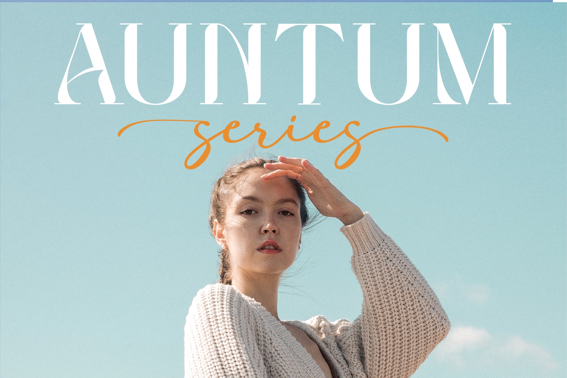 Autumn series magazine cover with woman in cream knit sweater against blue sky