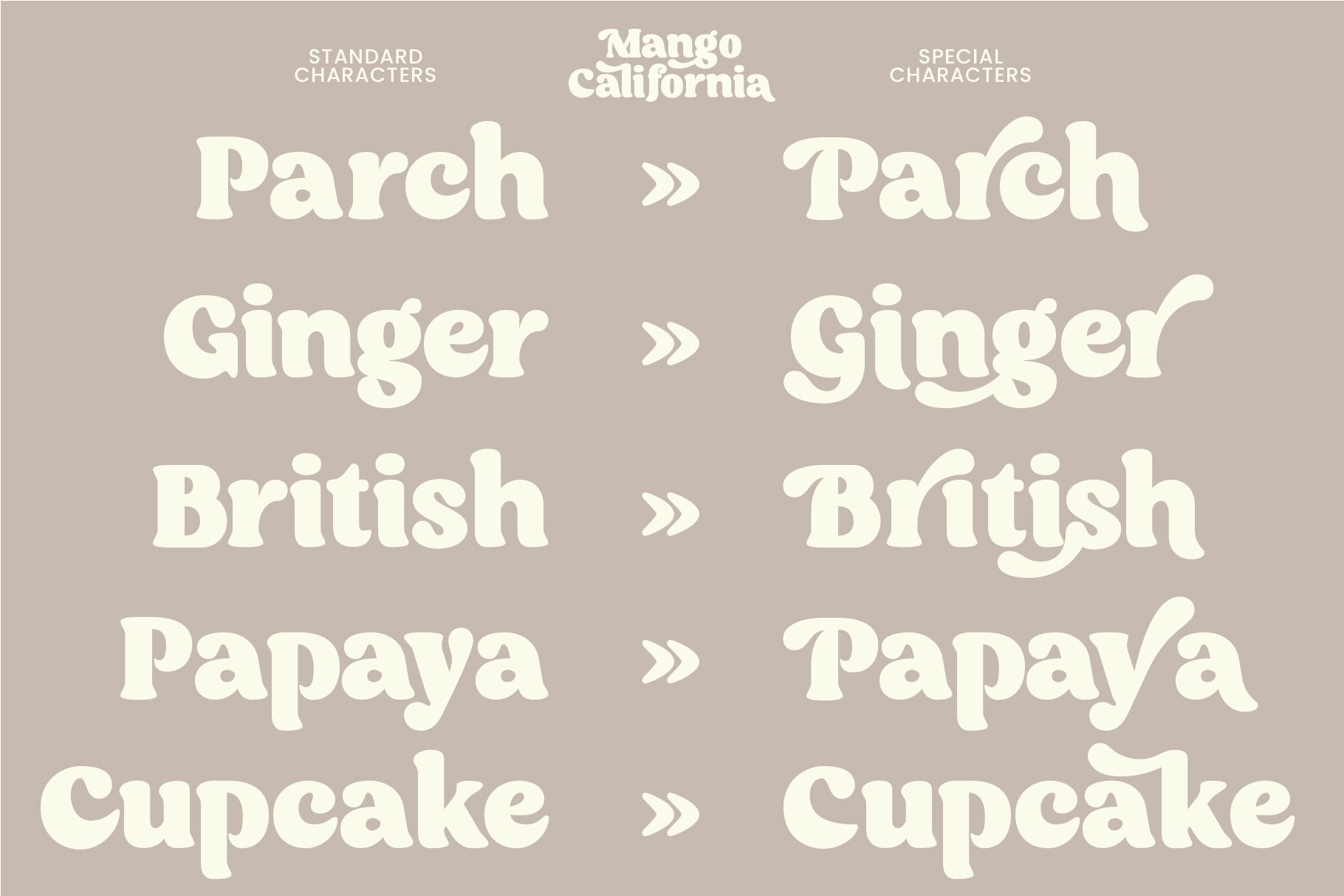 Mango California font showing standard characters vs special characters with word samples