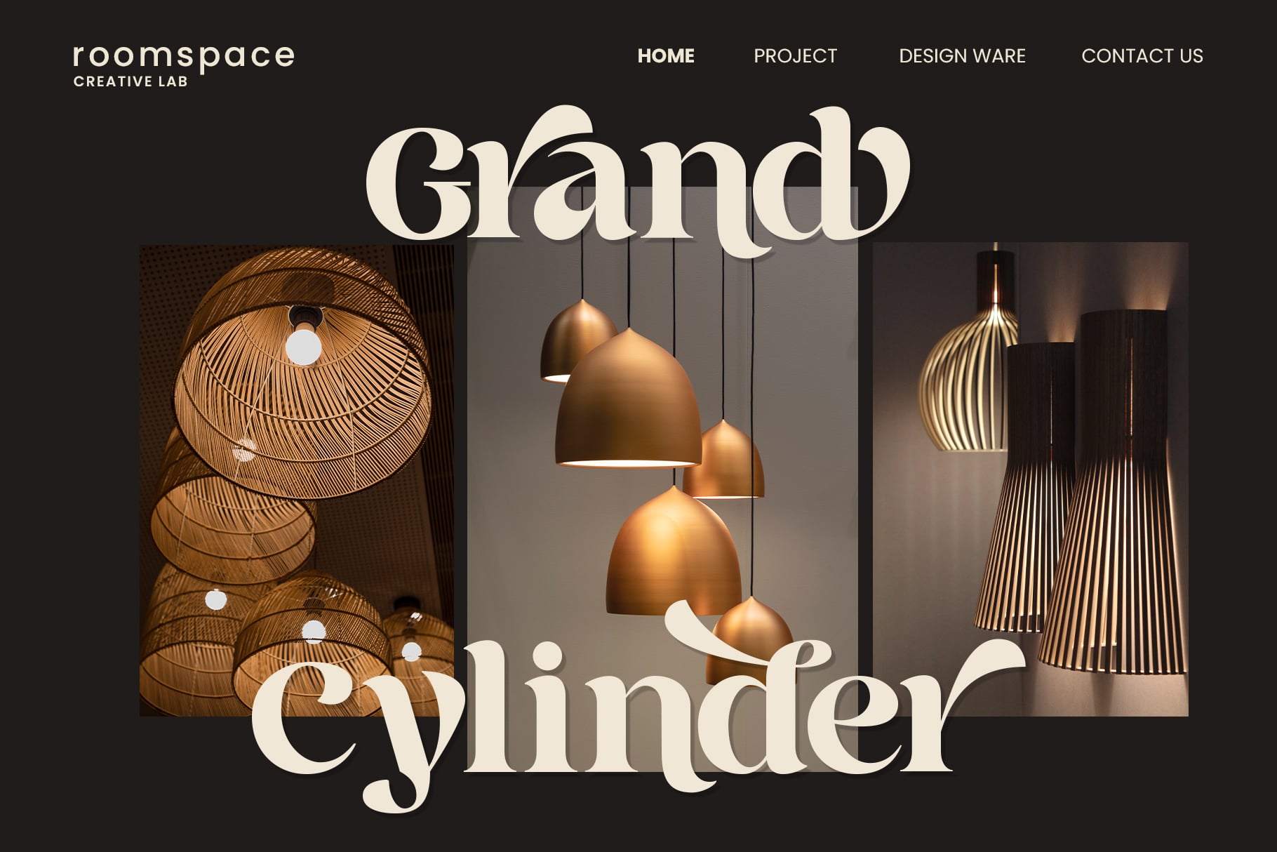 Grand Cylinder serif font website header with gold pendant lighting