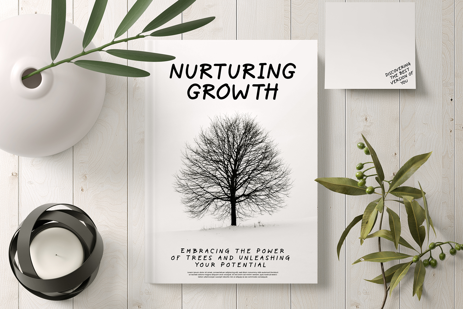 Nurturing growth poster with bare tree illustration, plants on white wood surface