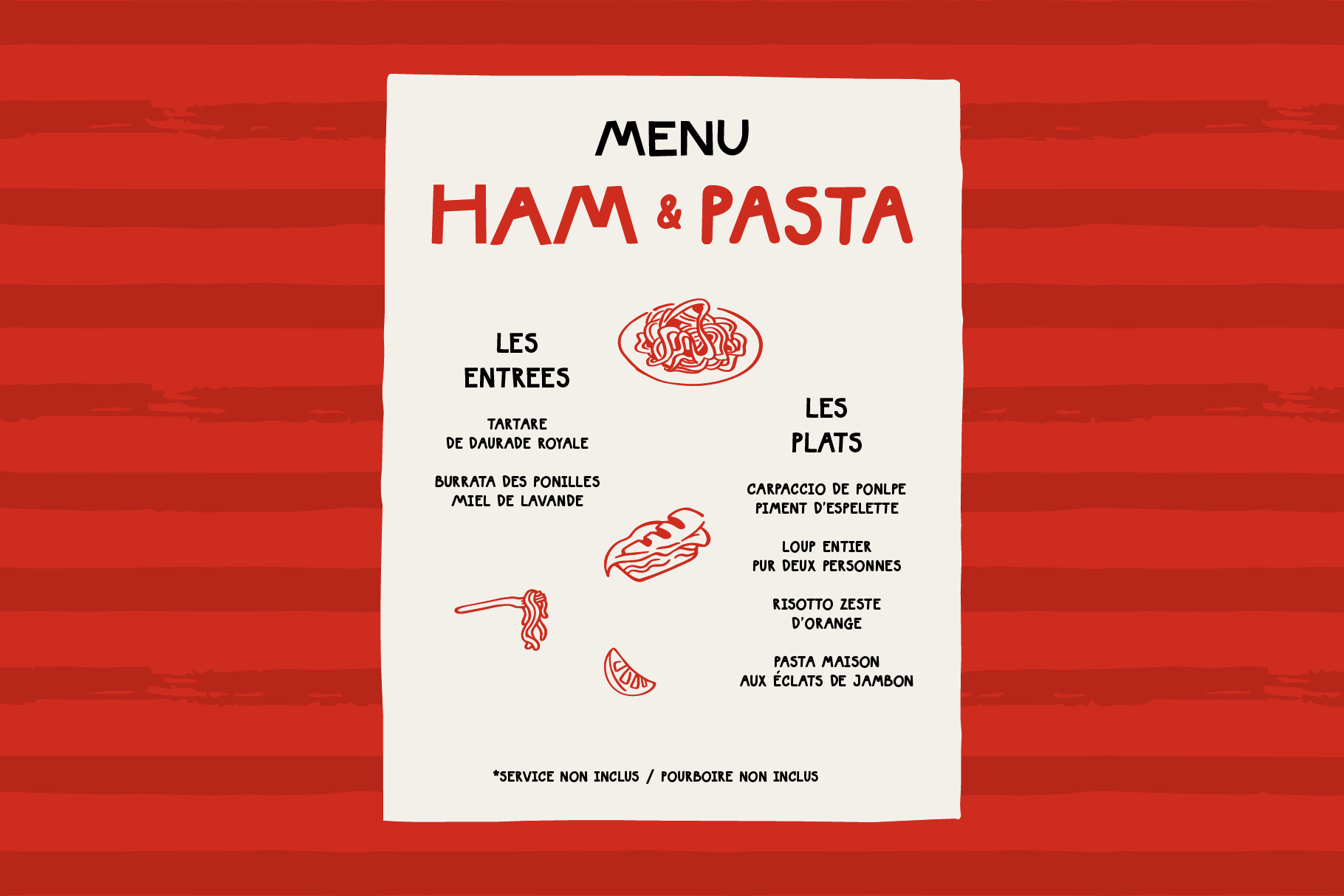 French menu card for Ham Pasta with appetizers, main courses, pasta dishes listed